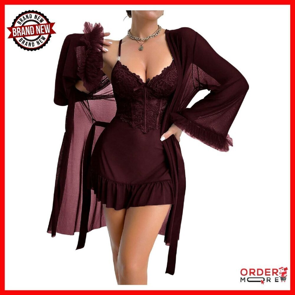 Lace Babydoll Nightgown & Robe Set, Long Sleeve, Lightweight Fabric